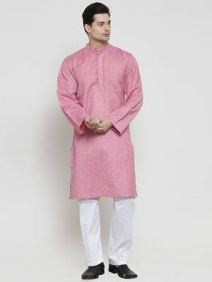 Pink Plain Blended Cotton Kurta Pajama 1
