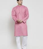 Pink Plain Blended Cotton Kurta Pajama