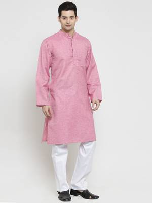 Pink Plain Blended Cotton Kurta Pajama 3