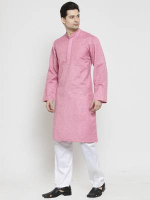 Pink Plain Blended Cotton Kurta Pajama 4