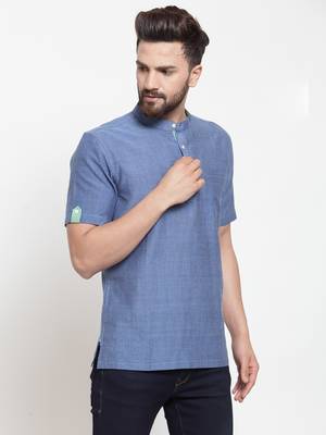 Blue Plain Cotton Men Kurtas 1