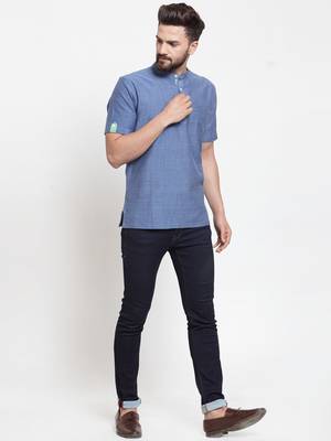 Blue Plain Cotton Men Kurtas 3