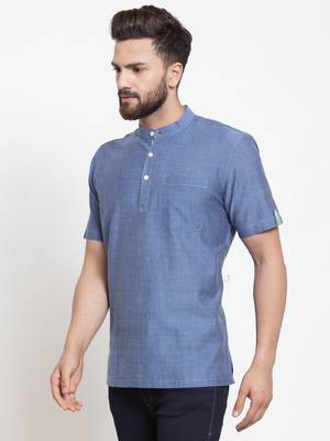 Blue Plain Cotton Men Kurtas 4