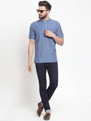 Blue Plain Cotton Men Kurtas 5