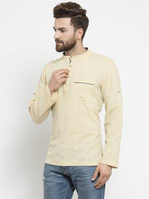Cream Hand Woven Cotton Men Kurtas 4