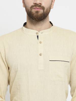 Cream Hand Woven Cotton Men Kurtas 5