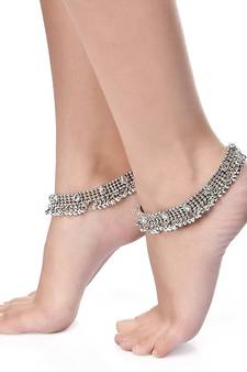 Traditional Oxidized Silver Kundan Anklet For Girls & Women (A021S)