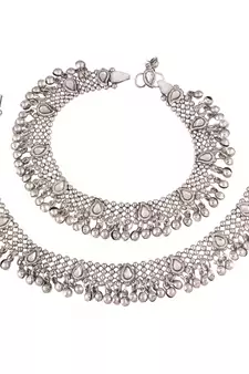 Traditional Oxidized Silver Kundan Anklet For Girls & Women 