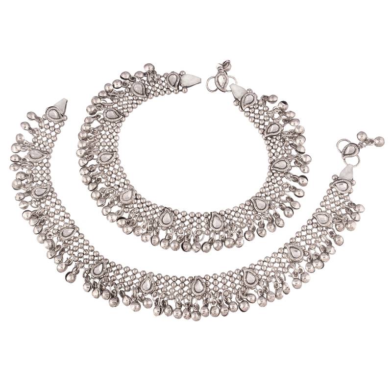 Traditional Oxidized Silver Kundan Anklet For Girls & Women 