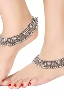 Traditional Oxidized Silver Kundan Anklet For Girls & Women 