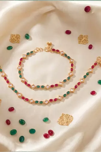 Gold Plated Traditional Kundan Anklets for Women A026mg