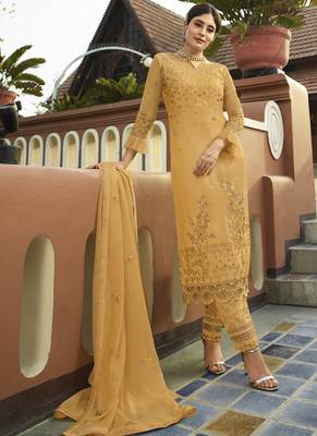 Yellow Embroidered Georgette Semi Stitched Salwar With Dupatta 1