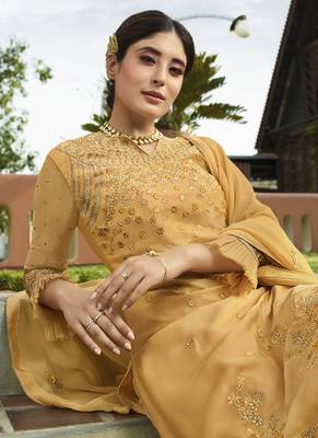 Yellow Embroidered Georgette Semi Stitched Salwar With Dupatta 4
