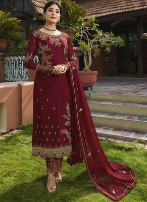 maroon embroidered georgette semi stitched salwar with dupatta 1