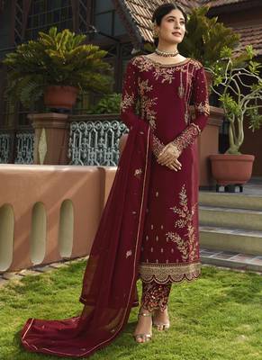 maroon embroidered georgette semi stitched salwar with dupatta 2