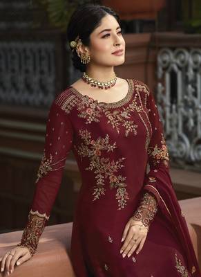 maroon embroidered georgette semi stitched salwar with dupatta 3