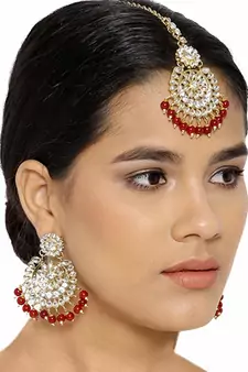Traditional Kundan Pearl Earrings & Maang Tikka For Women 