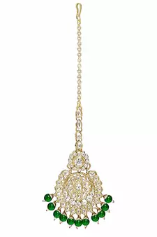 Gold Plated Traditional Kundan Pearl Earrings & Maang Tikka For Women 