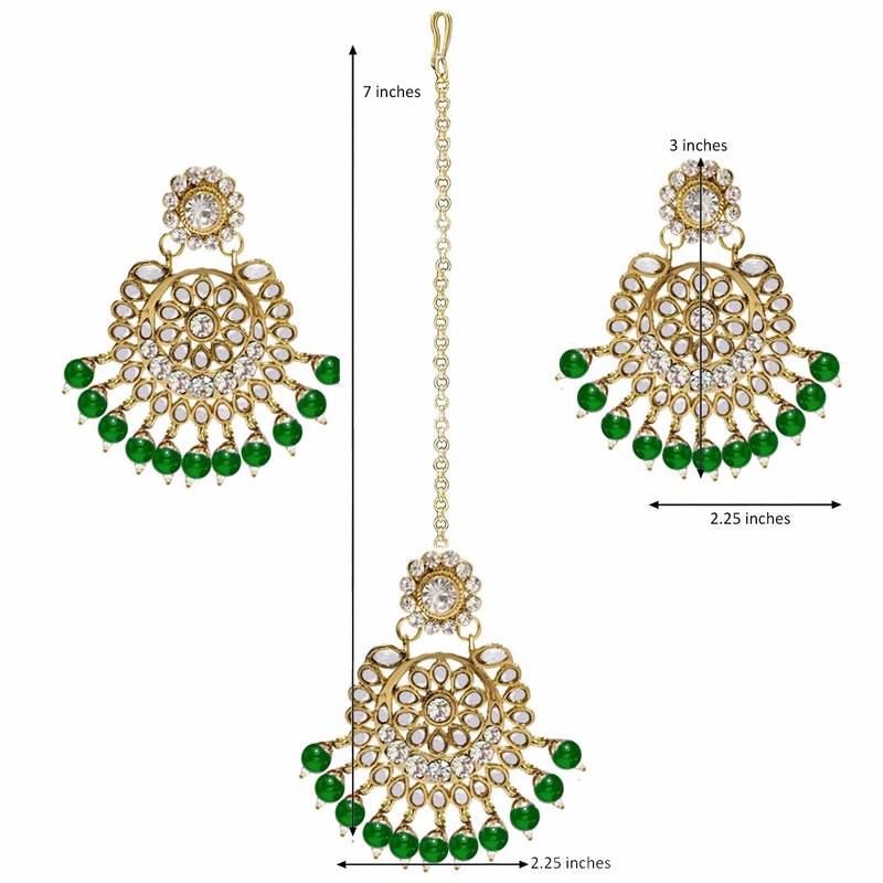 Gold Plated Traditional Kundan Pearl Earrings & Maang Tikka For Women 