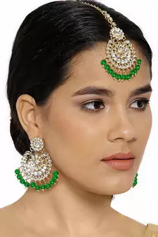 Gold Plated Traditional Kundan Pearl Earrings & Maang Tikka For Women 