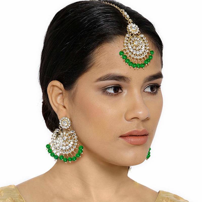 Gold Plated Traditional Kundan Pearl Earrings & Maang Tikka For Women 