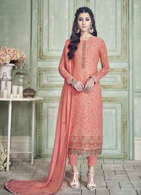 Peach Embroidered Georgette Semi Stitched Salwar With Dupatta 1
