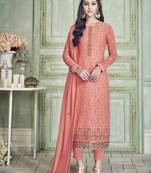 Peach Embroidered Georgette Semi Stitched Salwar With Dupatta