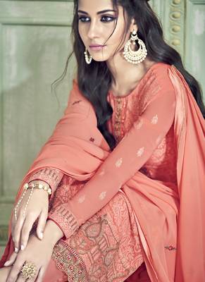 Peach Embroidered Georgette Semi Stitched Salwar With Dupatta 2
