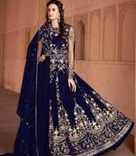 blue embroidered net semi stitched salwar with dupatta