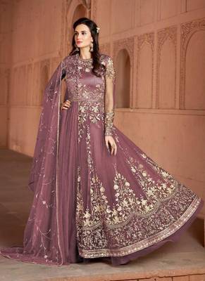 Pink Embroidered Net Semi Stitched Salwar With Dupatta 1