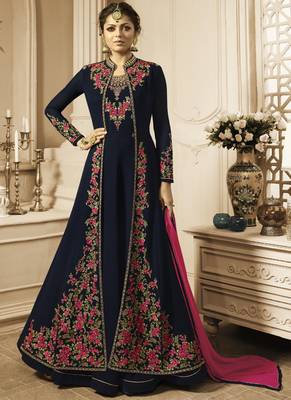 Blue Embroidered Georgette Semi Stitched Salwar With Dupatta 1