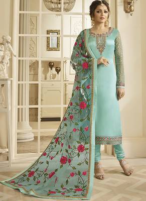 Turquoise Embroidered Satin Semi Stitched Salwar With Dupatta 1