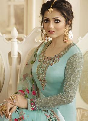 Turquoise Embroidered Satin Semi Stitched Salwar With Dupatta 2