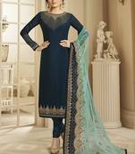 Green Embroidered Satin Semi Stitched Salwar With Dupatta