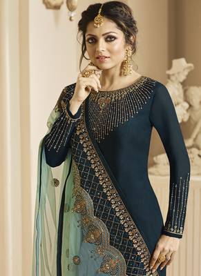 Green Embroidered Satin Semi Stitched Salwar With Dupatta 2