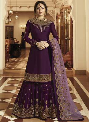 Purple Embroidered Satin Semi Stitched Salwar With Dupatta 1
