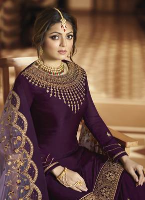 Purple Embroidered Satin Semi Stitched Salwar With Dupatta 2
