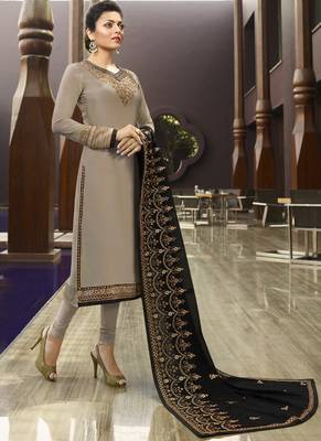 Beige Embroidered Satin Semi Stitched Salwar With Dupatta 1