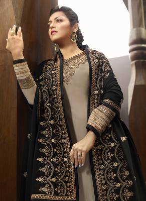 Beige Embroidered Satin Semi Stitched Salwar With Dupatta 3