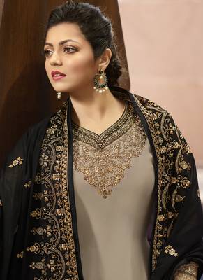 Beige Embroidered Satin Semi Stitched Salwar With Dupatta 4