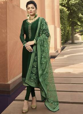 Green Embroidered Satin Semi Stitched Salwar With Dupatta 1