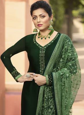 Green Embroidered Satin Semi Stitched Salwar With Dupatta 2