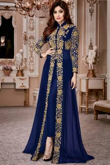 Blue Embroidered Georgette Semi Stitched Salwar With Dupatta