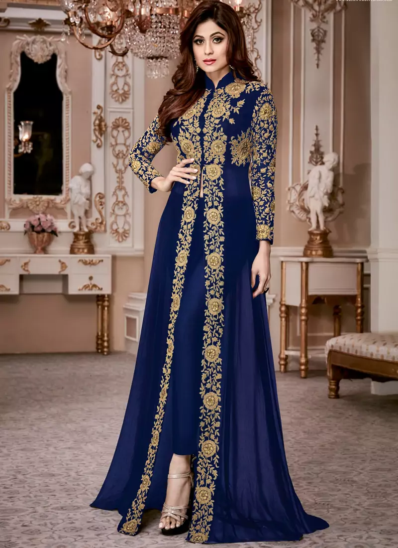 Blue Embroidered Georgette Semi Stitched Salwar With Dupatta