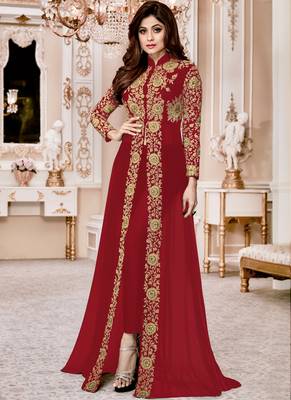 Red Embroidered Georgette Semi Stitched Salwar With Dupatta 1