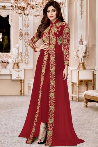 Red Embroidered Georgette Semi Stitched Salwar With Dupatta
