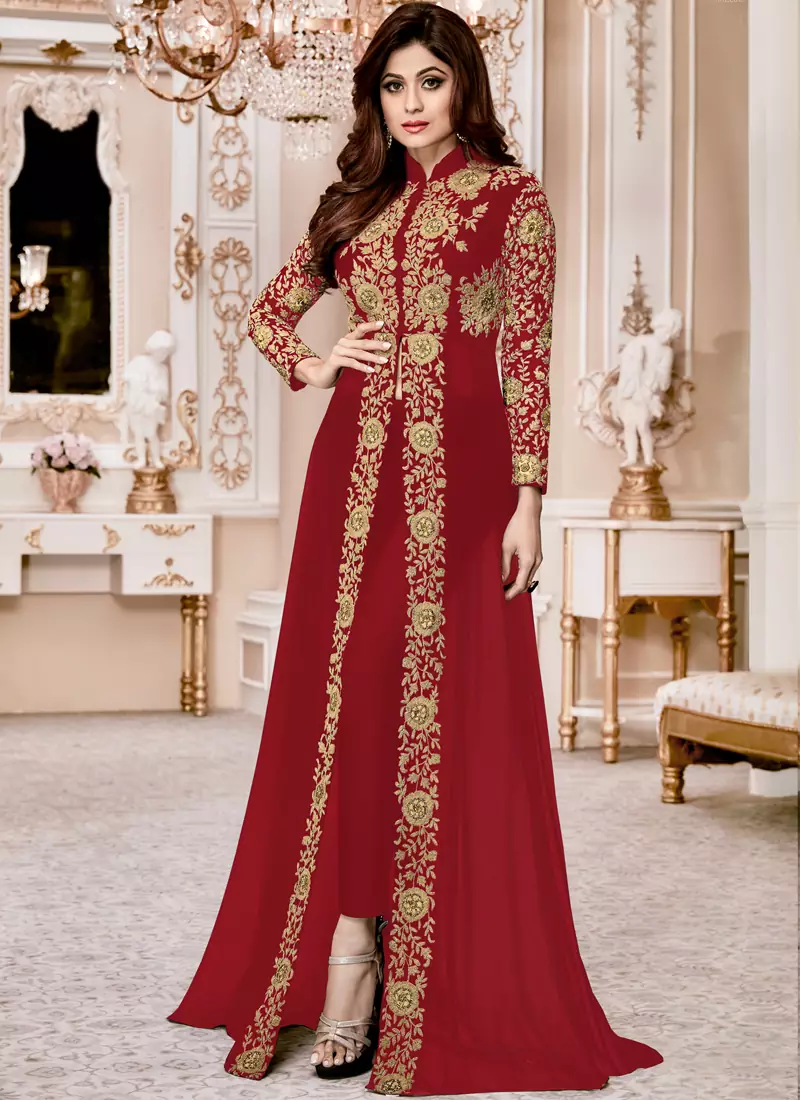 Red Embroidered Georgette Semi Stitched Salwar With Dupatta
