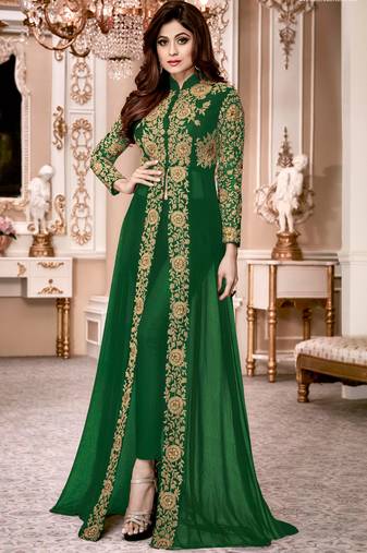 Green Embroidered Georgette Semi Stitched Salwar With Dupatta