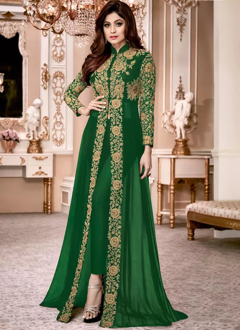 Green Embroidered Georgette Semi Stitched Salwar With Dupatta