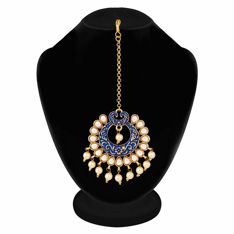 Gold Plated Kalank Inspired Kundan Pearl Meenakari Maang Tikka For Women (T2026Bl)